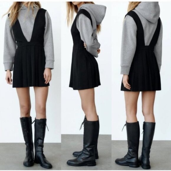 Zara Box Pleat Pinafore Dress Black - Picture 3 of 11